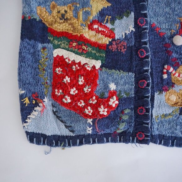 Vintage Casual Corner Blue Teddy Bear Holiday Cardigan Festive Grandmacore L - Picture 6 of 10